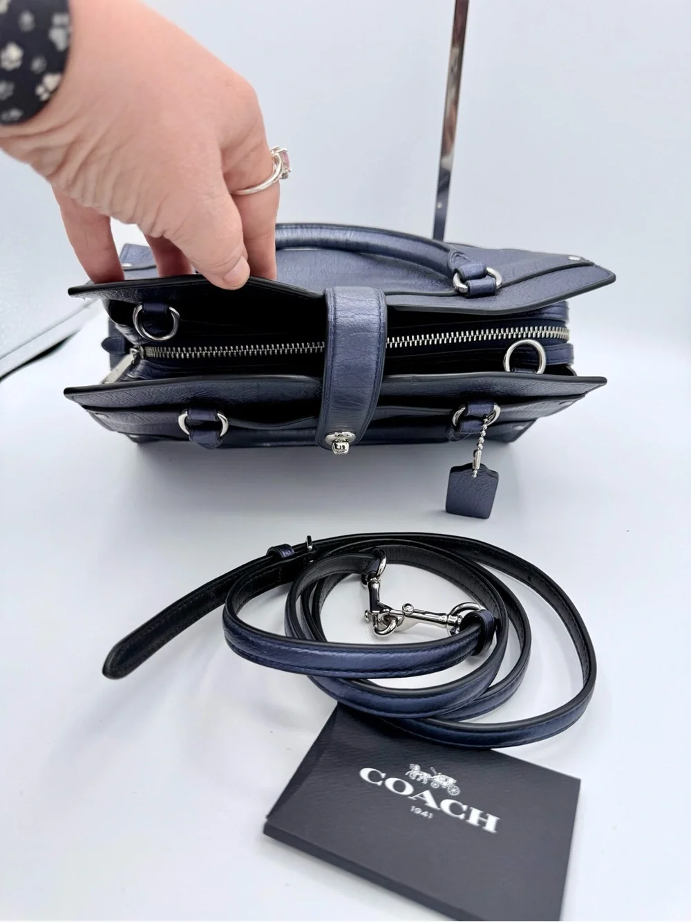 Coach Mercer 24 Satchel Metallic Navy Pebbled Leather Crossbody
